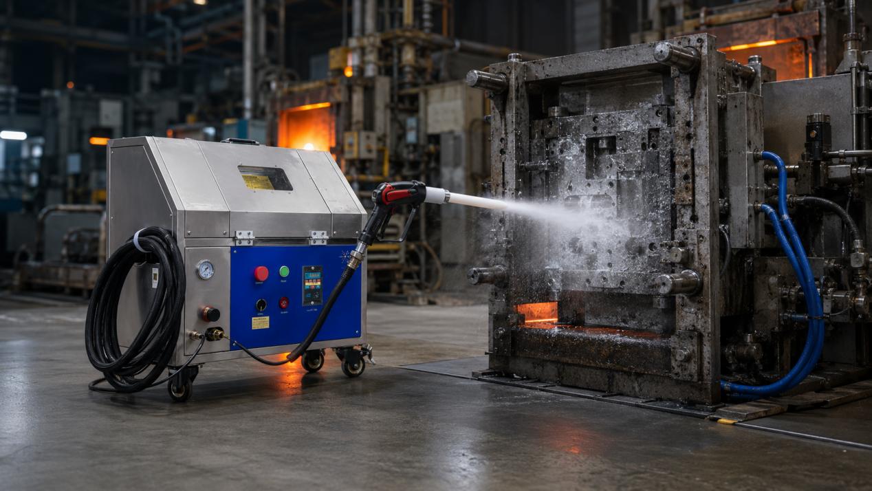 In-place dry ice blasting cleans hot die casting tooling to reduce downtime in foundry maintenance In-place dry ice blasting cleans hot die casting tooling to reduce downtime in foundry maintenance